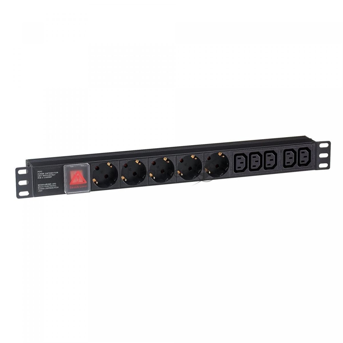 Блок розеток горизонтальный ExeGate ServerPro PDU-19H008 Al-5C135S-C14-SW, 19", 1U, Алюминий, 5 IEC 320 C13, 5 Schuko, С14, выкл. с подсветкой, черный