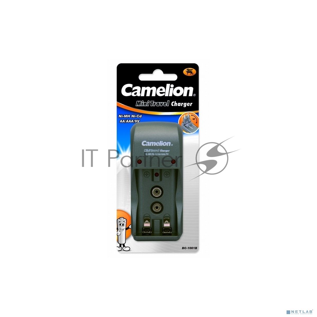 Зарядное устройство Camelion BC 1001A titanium ЗУ для 2 х AA, AAA или 1x9V, 200мА, складная вилка, таймер)