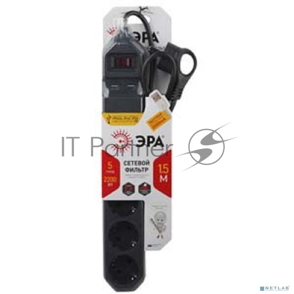 Сетевой фильтр ЭРА USF-5es-1.5m-USB-B, 1.5м, черный б0019036