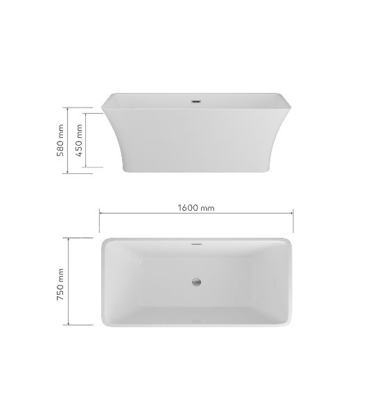 Ванна отдельностоящая акриловая BAU Pure 1600x750 белая, в комплекте со сливом-переливом