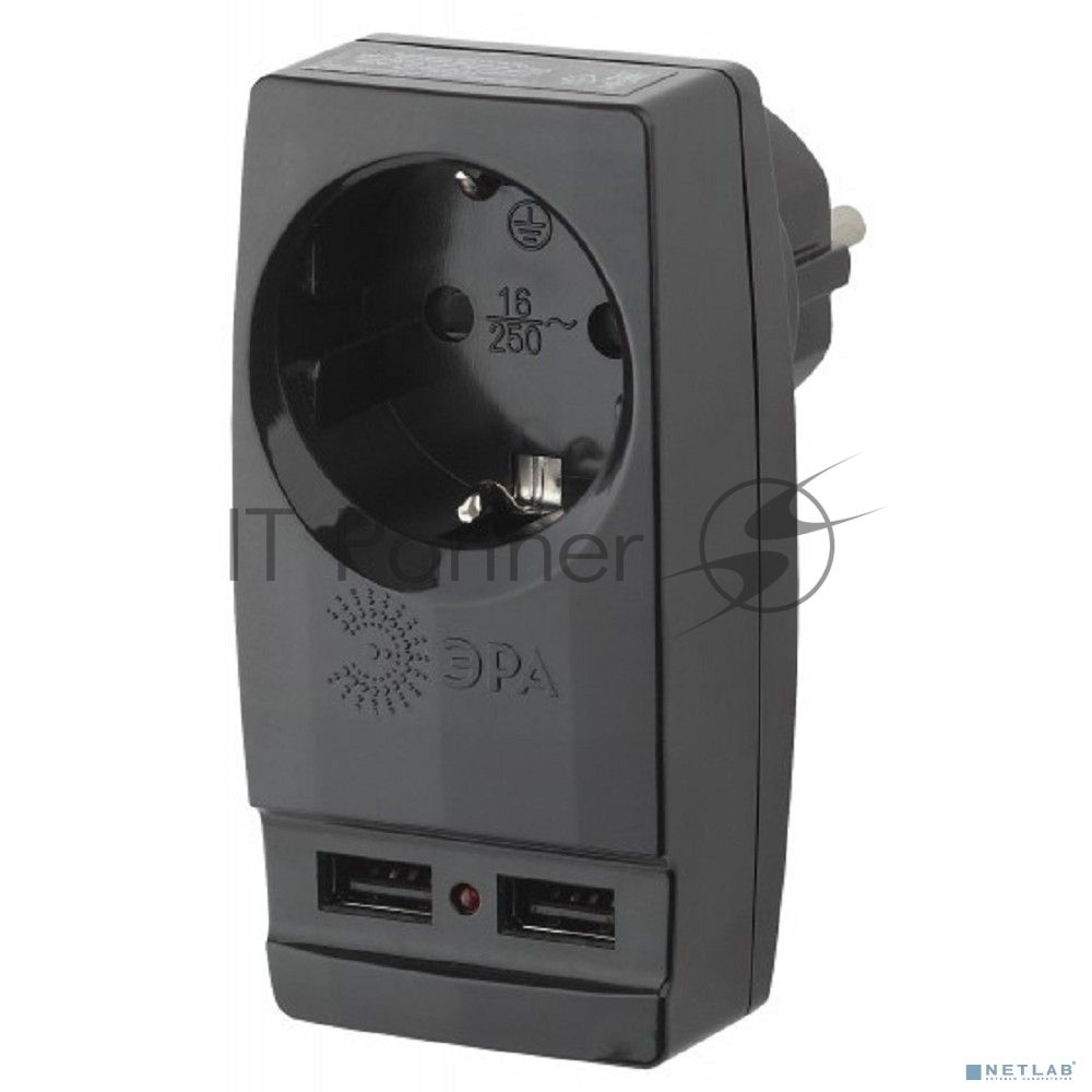 Адаптер ЭРА Б0026333 "Polynom" SP-1e-USB-B 1гн 220V + 2xUSB 2100mA, c заземл, (черный)
