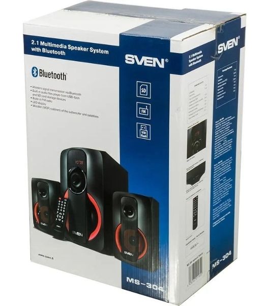 Колонки SVEN AC MS -304, черный Акустическая система, беспроводная передача сигнала по Bluetooth, суммарная мощность (RMS), Вт - 40, выходная мощность (RMS), Вт - сабвуфер: 20, сателлиты: 20 (2 х10), частотный диапазон, Гц - сабвуфер: 40 – 150, сателлиты: