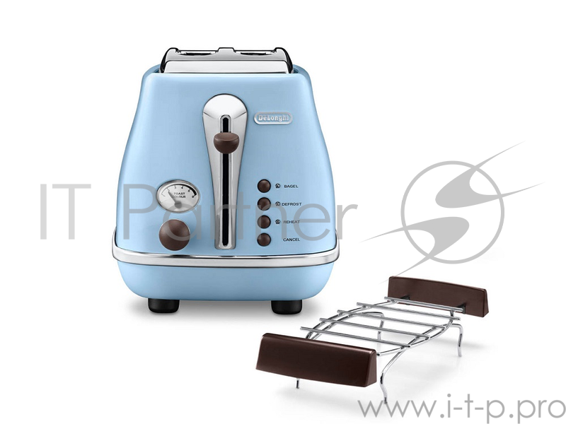 Тостер DeLonghi CTOV 2103.AZ, 900 Вт, на 2 тоста, разморозка, обжаривание, решетка для подогрева, поддон, голубой