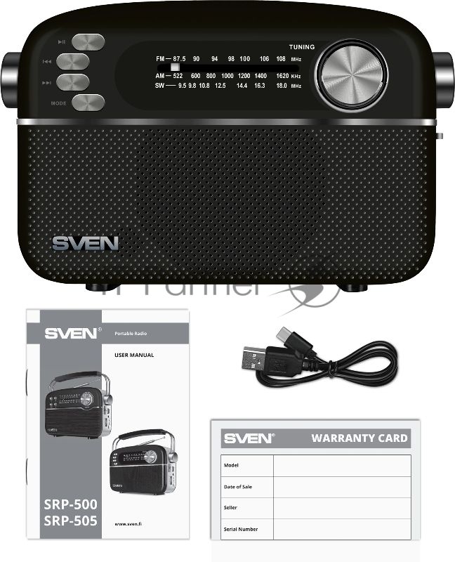 Радиоприемник SVEN SRP-505 (4 Вт, FM/AM/SW, USB, SD/microSD, Bluetooth, 1200 мА·ч)черный