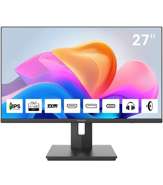 Монитор 27" Aiwa MQ275A IPS 2560x1440, 100 Гц, 4 мс, 16:9, 300 кд/м², HDMI 2.0, DP 1.2, USB-C (15 Вт), 3.5 Jack, динамики (2x3 Вт), FreeSync, G-Sync, черный