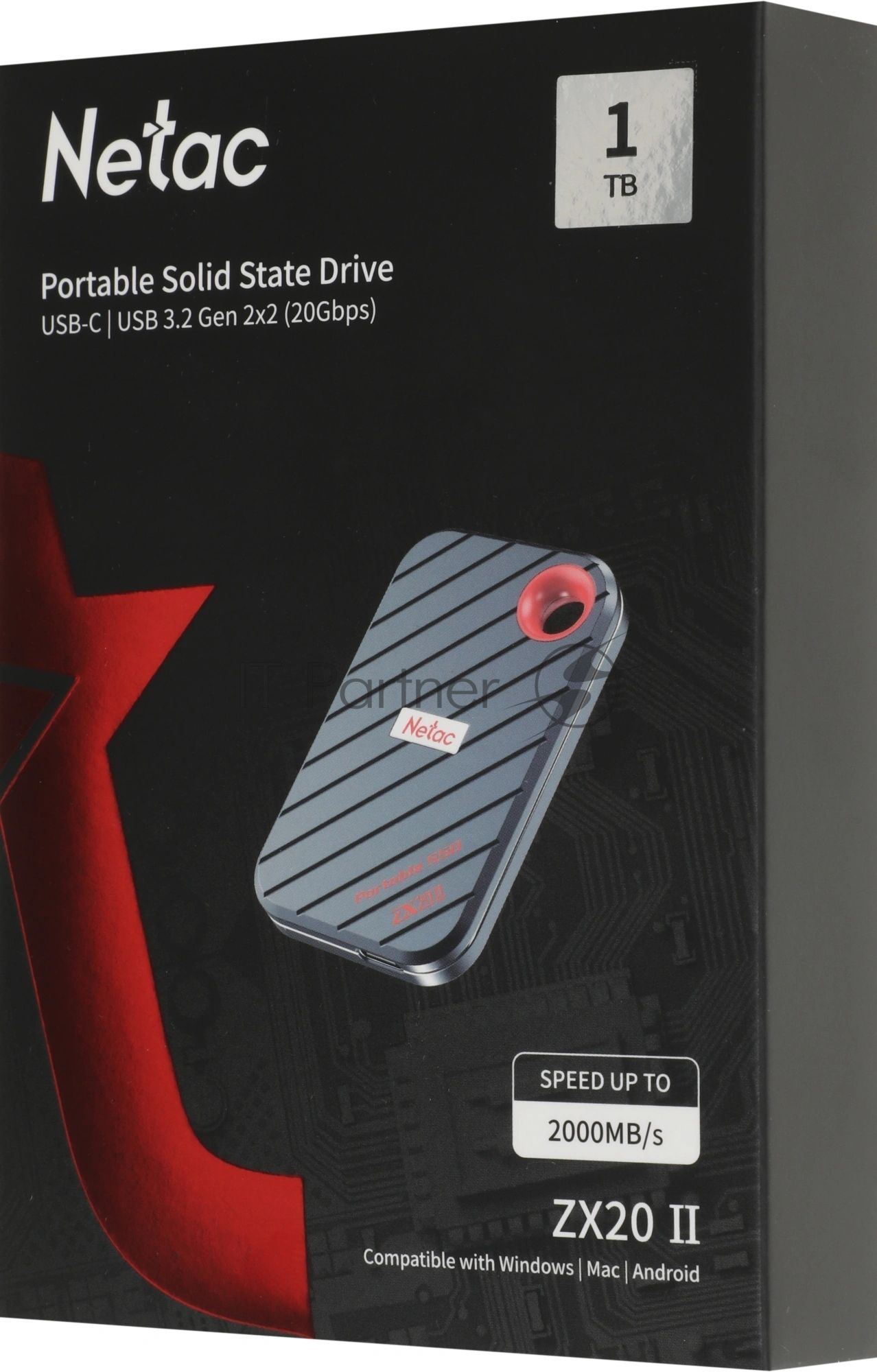 Внешний SSD Netac ZX20 II, 1TB, USB 3.2 Gen 2x2 Type-C, R/W 2000/1800, черный