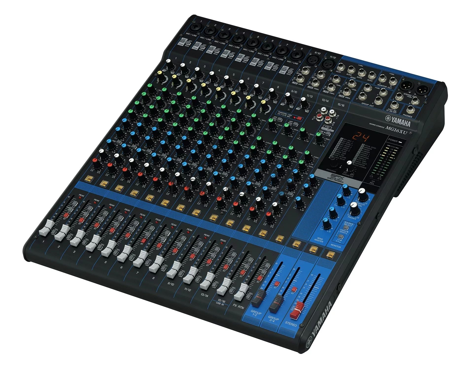 Пульт Yamaha [MG16XU] 16-канальный микшерный пульт: макс. 10 микрофонных/16 линейных входов (8 моно + 4 стерео)/4 групповые шины + 1 стереошина/4 шины AUX, Микрофонные предусилители D-PRE, Фантомное питание +48 В, эффекты: SPX с 24 программами, И
