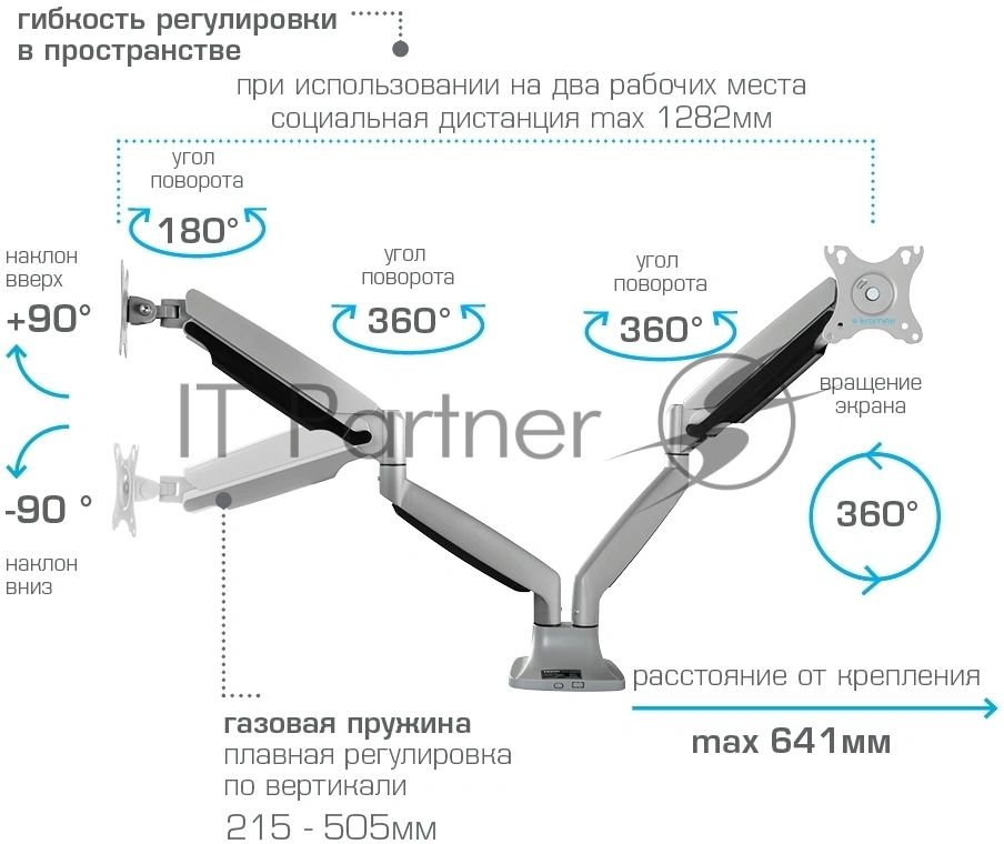 Кронштейн Kromax OFFICE-22 серебристый, 4 шт/уп. Кр. алюм. настол. для мон. 17"-35", max 2x15 кг, 6 ст св., нак. ±90°, пов. 360°, max VESA 100x100 мм.