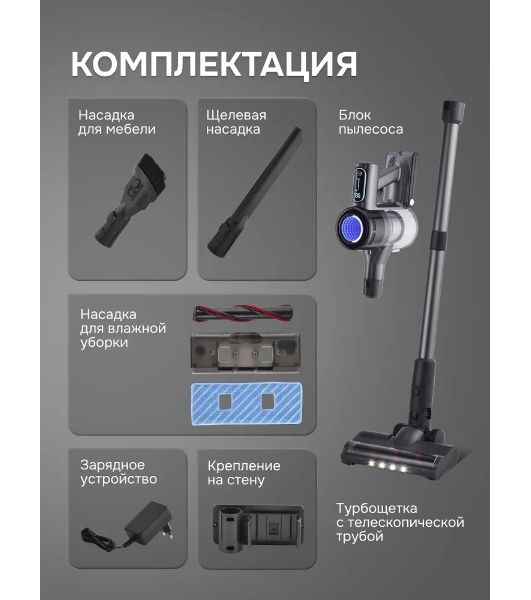 Пылесос вертикальный Zigmund & Shtain ZVC-1510 серый, питание от аккумулятора, 450 Вт, уборка суxая/влажная, пылесборник 0.5 л