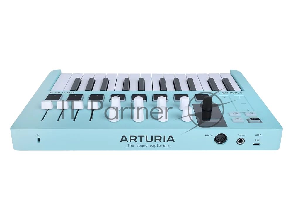 Клавиатура MIDI 231599 Arturia MiniLAB 3 Aquamarine 25 клавиш, 8 энкодеров, 8 RGB пэдов, 8 фейдеров, дисплей, сенсорные регуляторы Pitch/Modulation, MIDI-выход, 1/4" Jack вход педали, режим Chord, арпеджиатор, USB-C