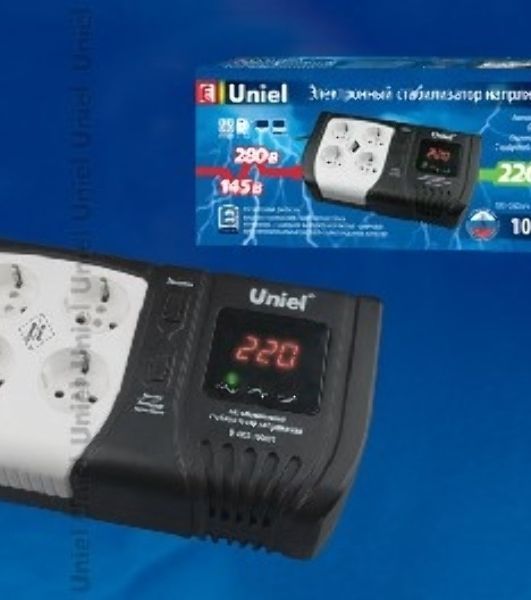 Стабилизатор напряжения UNIEL (9622) U-ARS-1000/1 серия Standard - Expert 1000 ВА(Однофазный электронны(релейный)стабилизатор,цифровой дисплей,номинальная мощность 1,0кВА,диапазон входного напряжения 145-280В,выходное напряжение 220+/-10%В,частота 50/60Гц
