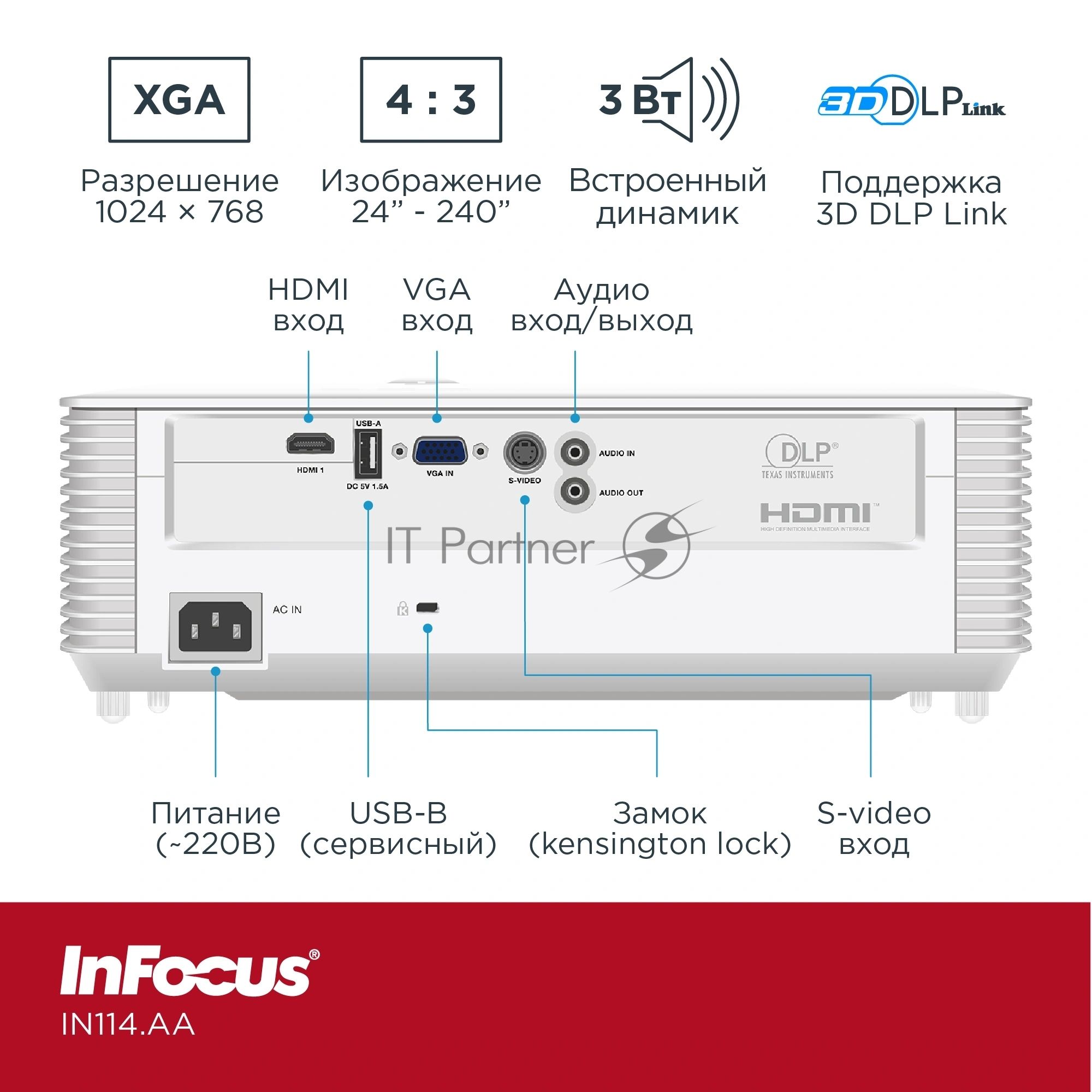Проектор InFocus IN114.AA DLP, 4000 lm, XGA, 30 000:1, 1.94~2.16:1, HDMI 1.4, VGA in, S-Video, 3.5mm in/out, USB-A, лампа 15 000ч.(ECO mode), 3W, 27дБ, 2,9 кг, БЕЛЫЙ