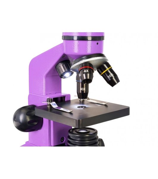 Микроскоп Levenhuk RAINBOW 2L AMETHYST/Аметист Микроскоп с предметным столиком, трехгнездным револьвером, фокусировочным механизмом, двумя источниками света с регулировкой яркости Монокулярная насадка Объективы: 4х, 10х, 40х, Увеличение микроскопа: 64-640