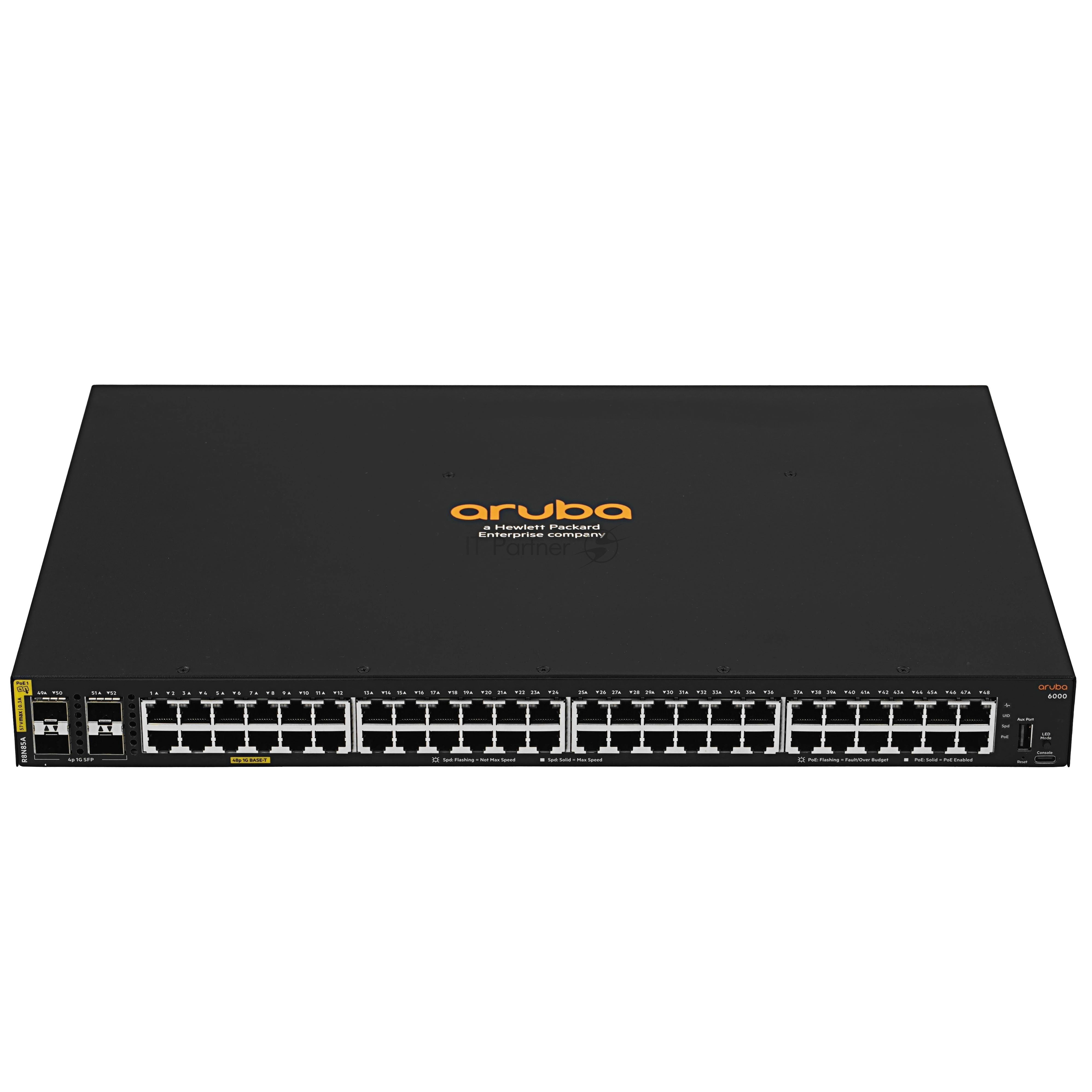 Коммутатор HPE Aruba Networking CX 6000 48G Class4 PoE 4SFP 370W, 48×1 Гбит/с PoE+ + 4×1 Гбит/с SFP, управляемый