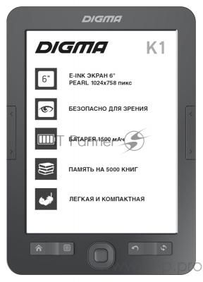Электронная книга Digma K1 6" E-ink HD Pearl 758x1024 600MHz 128Mb/4Gb/SD/microSDHC темно-серый Электронная книга Digma K1 6" E-ink HD Pearl 758x1024 600MHz 128Mb/4Gb/SD/microSDHC темно-серый