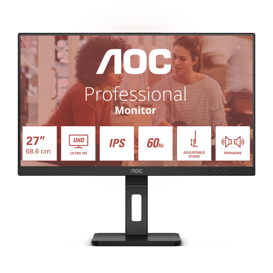 Монитор 27" AOC U27E3UF IPS 3840x2160, 60 Гц, 4 мс, 16:9, 350 кд/м², 2xHDMI 2.0, DP 1.4, 3.5 Jack, динамики (2x2 Вт), USB Hub (4x USB 3.2 Gen 1), HDR10, Adaptive-Sync, черный