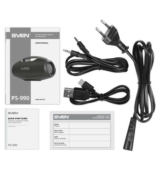 Портативная акустическая система SVEN PS-990, черный, 2.0, 2x90 Вт (RMS), IPx7, TWS, Bluetooth, USB, аккумулятор