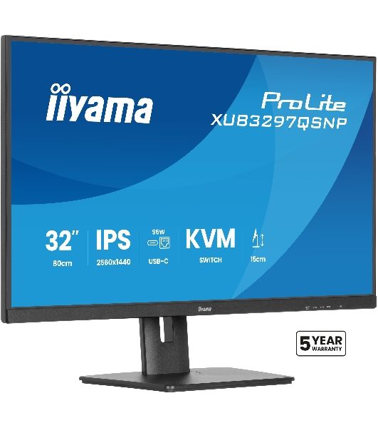 Монитор 32" Iiyama ProLite XUB3297QSNP-B1 IPS QHD, 100 Гц, 1 мс (MPRT), 16:9, 350 кд/м², HDMI 2.0, DP 1.4, USB-C (95 Вт PD), встроенные динамики (2x2.5 Вт), KVM-модуль, поворотная подставка, черный