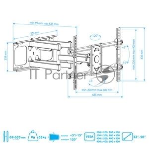 Кронштейн для телевизора Arm Media PARAMOUNT-70 черный, 32"-90" макс. 65 кг, настенный, поворотно-выдвижной и наклонный