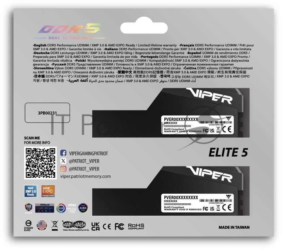 Оперативная память Patriot Viper Elite 5 Ultra RGB, DDR5, 32GB (2x16GB), 6000 MHz, CL28, с радиатором, RGB, чёрный