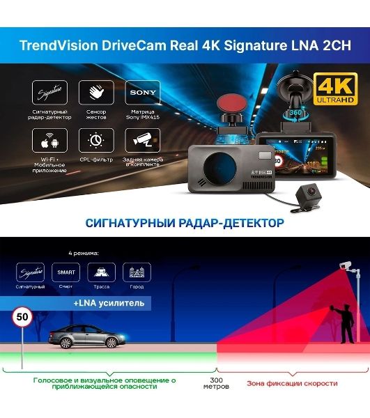 Видеорегистратор с радар-детектором TrendVision DriveCam Real 4K Signature LNA 2CH GPS ГЛОНАСС черный