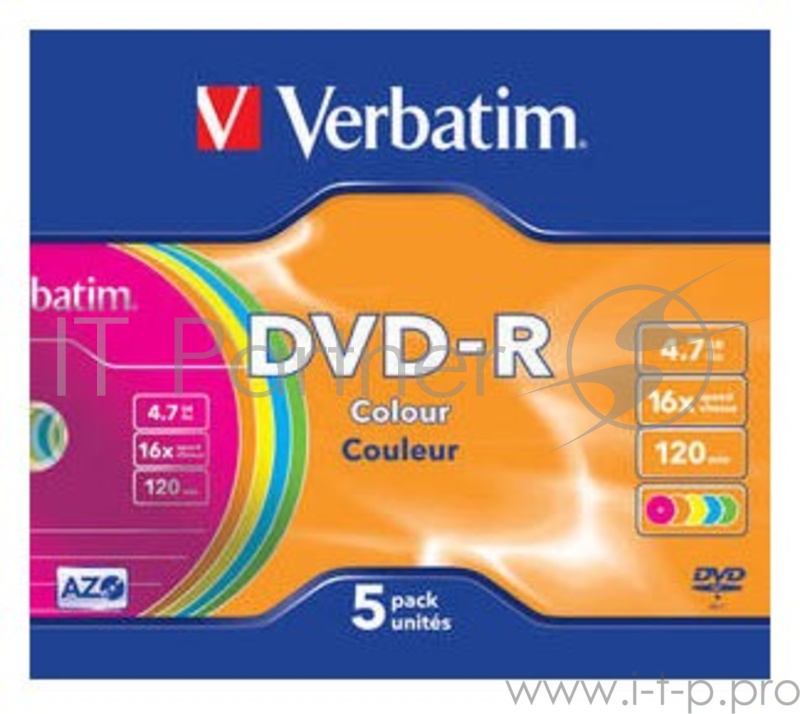 Диск DVD-R Verbatim 4.7Gb 16x Slim Color (5шт) 43557