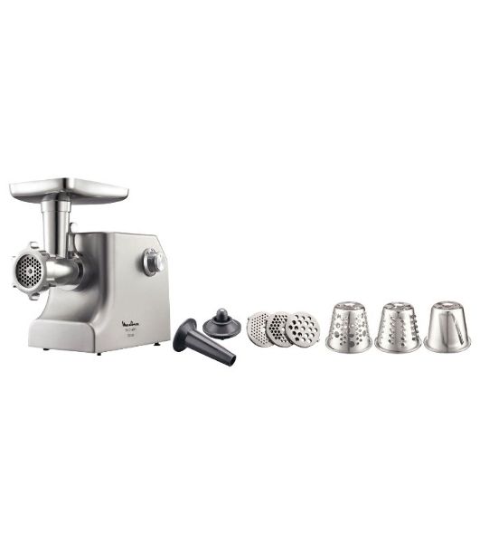 Мясорубка электрическая Moulinex ME858D32 серебристый, 2100 Вт, 5.5 кг/мин, реверс, защита от перегрузки, насадки - 8
