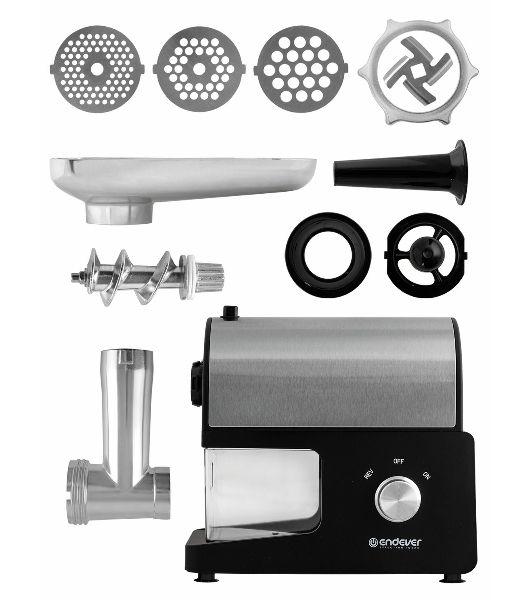 Мясорубка электрическая Endever Sigma-114 черный/стальной, 2600 Вт, 2.0 кг/мин, реверс, защита от перегрузки, металлический лоток, насадки - 5
