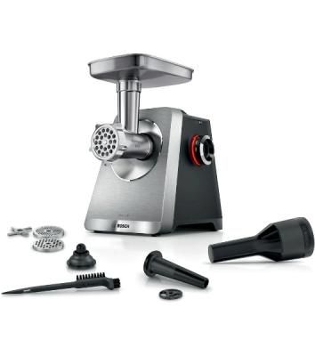 Мясорубка электрическая Bosch Series 8 MFWS820M черный, 2500 Вт, 4.5 кг/мин, реверс, защита от перегрузки, металлический лоток, насадки - 5