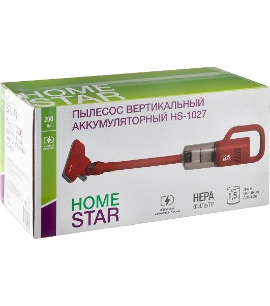 Пылесос вертикальный Homestar HS-1027 красный, питание от аккумулятора, 200 Вт, уборка сухая, пылесборник 1.5 л