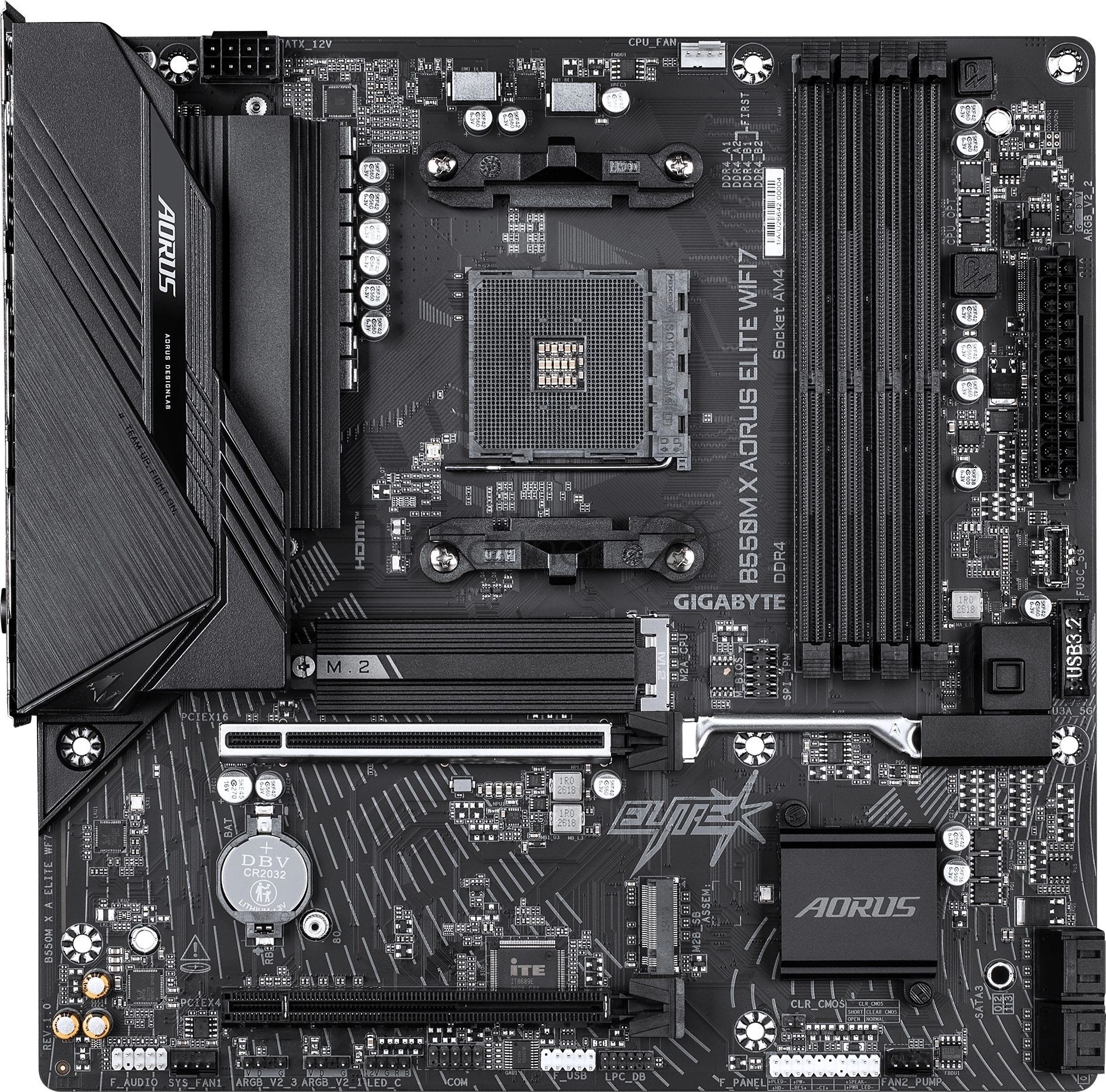 Материнская плата Gigabyte B550M X AORUS ELITE WIFI7, AM4, AMD B550, 4xDDR4, 4xSATA, 2xM.2, 1xPCIe 4.0 x16, 1xPCIe 3.0 x4, 1xHDMI, 1xDisplayPort, 1x 2.5Gb LAN, 5xUSB 3.2 Gen 1, 1xUSB Type-C, 2xUSB 2.0, 3x3.5 мм, 7.1, microATX