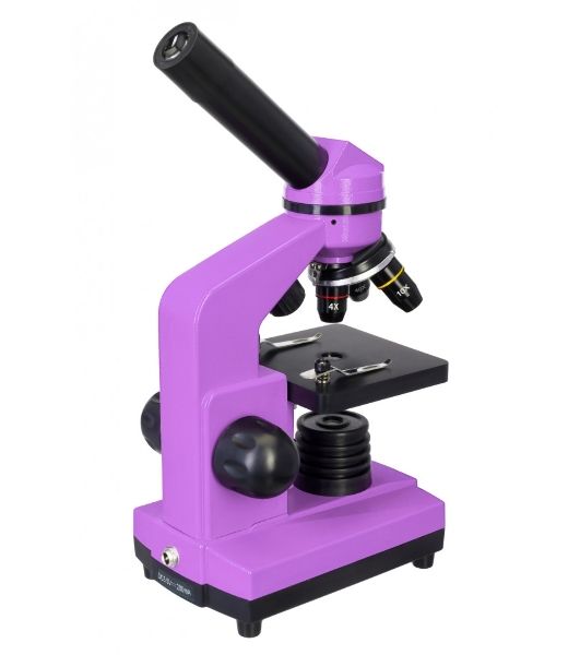 Микроскоп Levenhuk RAINBOW 2L AMETHYST/Аметист Микроскоп с предметным столиком, трехгнездным револьвером, фокусировочным механизмом, двумя источниками света с регулировкой яркости Монокулярная насадка Объективы: 4х, 10х, 40х, Увеличение микроскопа: 64-640