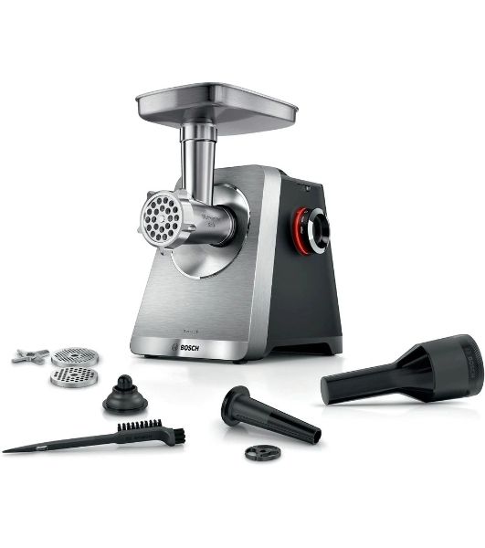 Мясорубка электрическая Bosch Series 8 MFWS820M черный, 2500 Вт, 4.5 кг/мин, реверс, защита от перегрузки, металлический лоток, насадки - 5