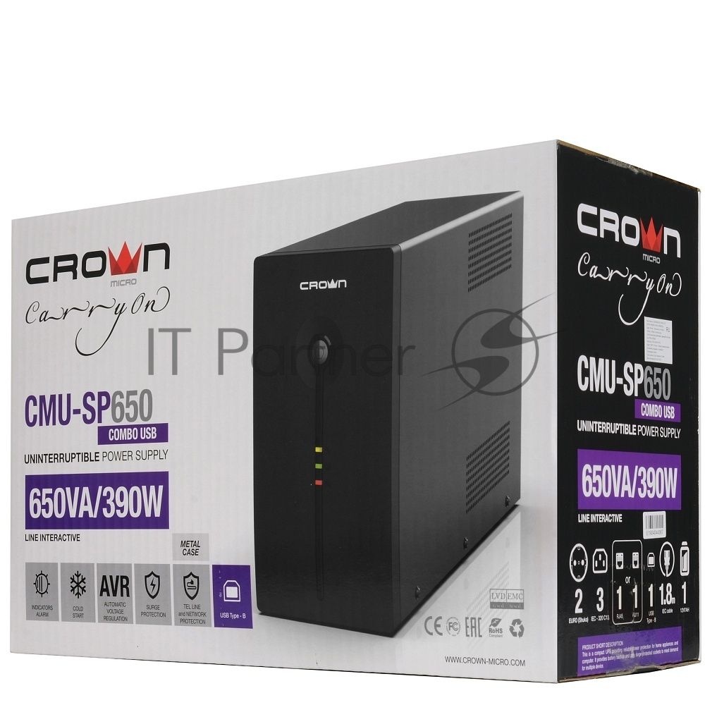 Источник бесперебойного питания Crown CMU-SP650COMBO/650 ВА/390 Вт/2 х CEE 7 (евророзетка), 3 x IEC 320 C13 (компьютерная)