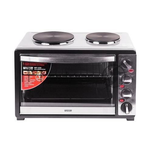 Мини-печь Mystery MOT-3330 (нержавеющая сталь, 1500 Вт, 2 конфорки, гриль, съемный вертел)