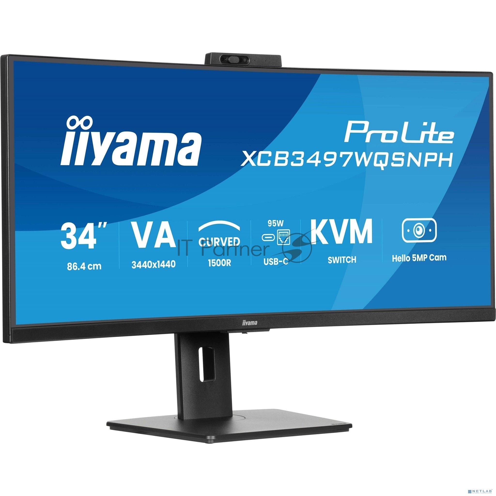 Монитор 34" Iiyama ProLite XCB3497WQSNPH-B1 VA 3440x1440, 120 Гц, 0.4 мс, 21:9, 350 кд/м², HDMI 2.0, HDMI 1.4, DP 1.4, USB-C (95 Вт), 3.5 Jack, USB Hub (4x USB 3.0), Ethernet, динамики (2x5 Вт), веб-камера (5 Мп), FreeSync Premium, изогнутый экран (1500R)