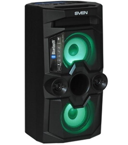 Мобильные колонки SVEN PS-655 2.0 черные (2x25W, mini Jack, USB Type-C, USB flash, Bluetooth, FM, micro SD, ПДУ, LED экран, 4400 мA, RGB подсветка)