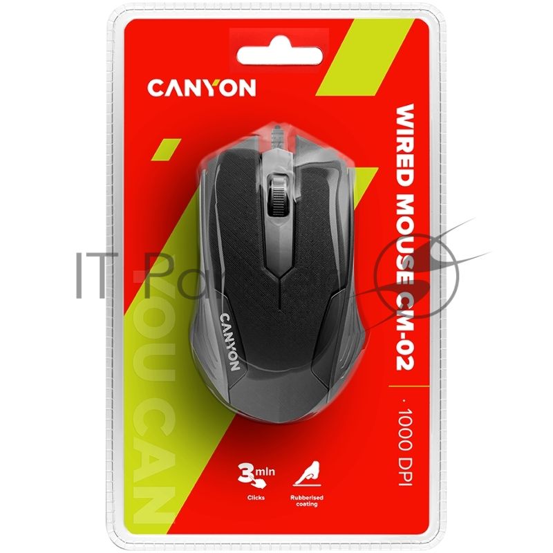 Мышь проводная Canyon CM-02 черный, 1000 dpi, USB, кнопки - 3