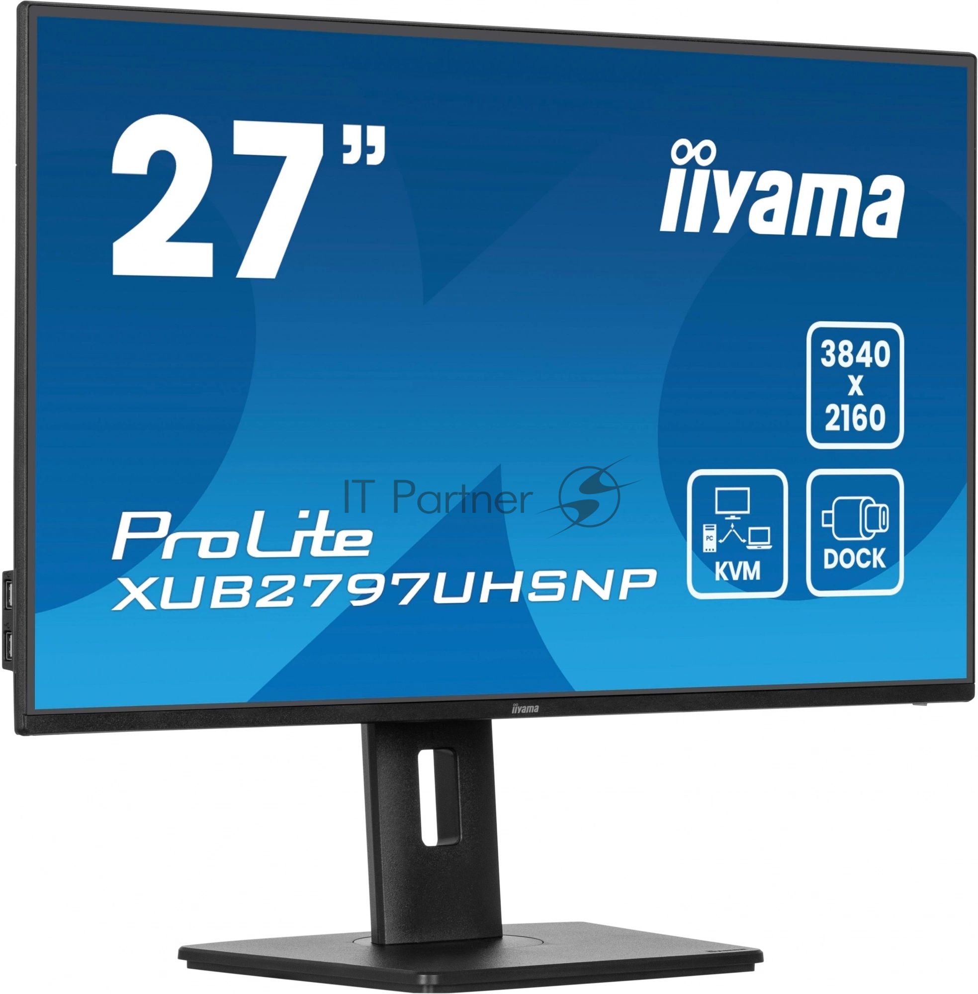 Монитор 27" iiyama XUB2797UHSNP-B1 IPS 4K 3840x2160, 60 Гц, 4 мс, 16:9, 350 кд/м², HDMI, DisplayPort, USB-A, USB-C (96 Вт), Ethernet, KVM-модуль, встроенные динамики, Flicker Free, Low Blue Light, трехсторонний безрамочный дизайн, регулировка по высоте, п