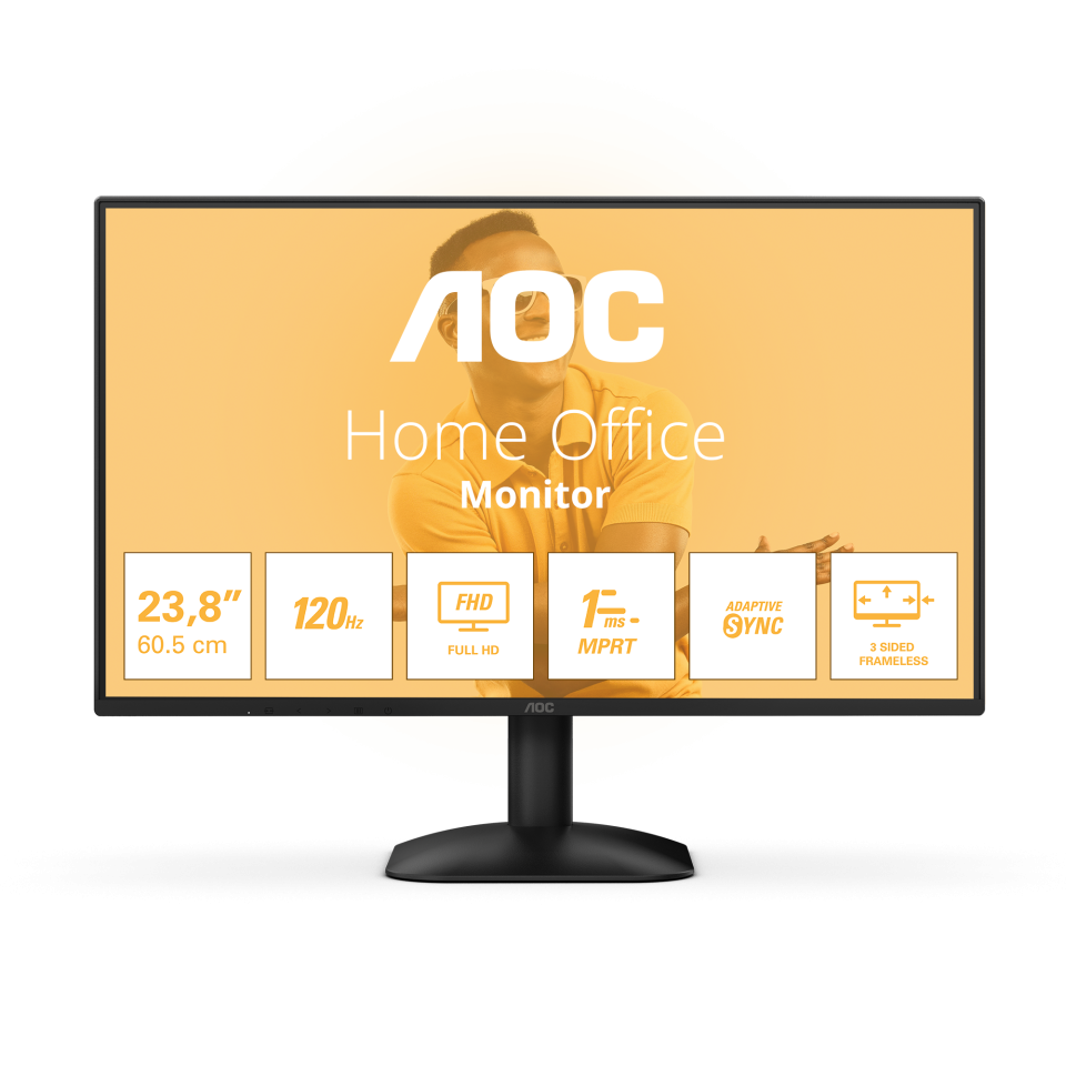 Монитор 23.8" AOC 24B31H IPS 1920x1080, 120 Гц, 4 мс (1 мс MPRT), 16:9, 300 кд/м², VGA, HDMI 1.4, 3.5 Jack, динамики (2x2 Вт), HDR10, Adaptive-Sync, черный