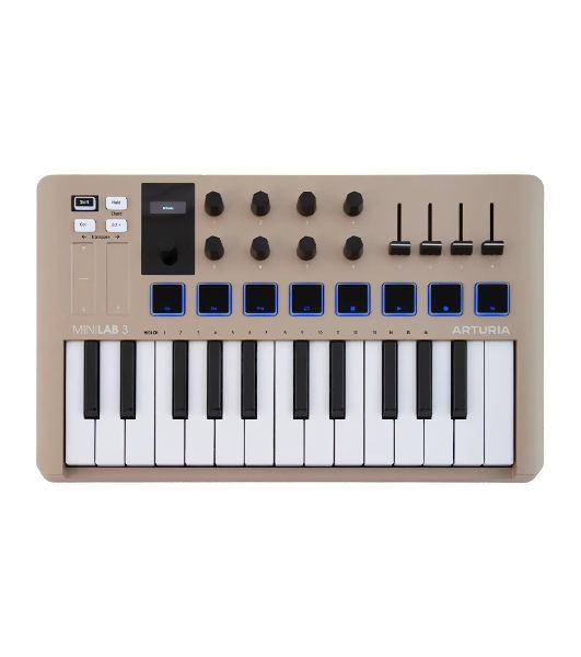 Клавиатура MIDI 231508 Arturia MiniLAB 3 Champagne 25 клавиш, 8 энкодеров, 8 RGb пэдов, 8 фейдеров, дисплей, сенсорные регуляторы Pitch/Modulation, MIDI-выход, 1/4" Jack вход педали, режим Chord, арпеджиатор, USB-C
