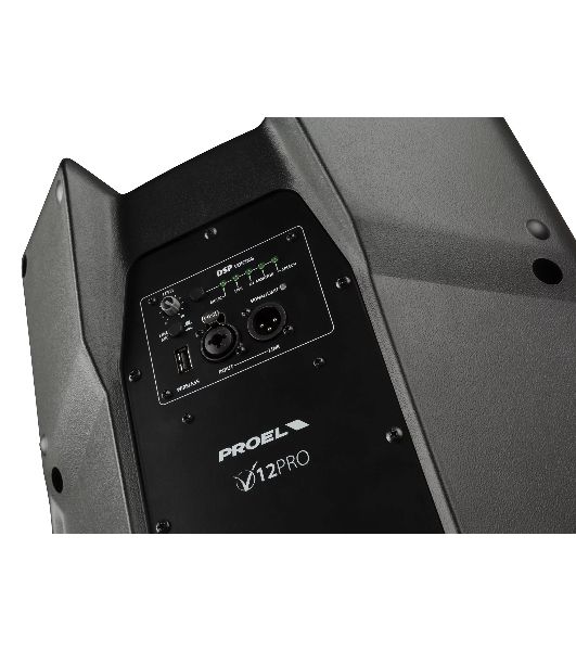 Активная акустическая система PROEL V12PRO 2-х полосная, НЧ динамик 12", ВЧ динамик 1", DSP, мощность пик./ном. 600/300 Вт, АЧХ 50-20000 Гц, макс. SPL 124 дБ, Combo XLR/TRS мик./лин. вход, XLR лин. выход, USB-A порт для радиосистем U24B/U24H