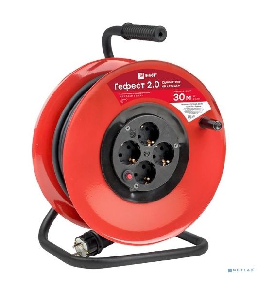 Удлинитель на катушке EKF UKG02-16-R325-4-30 "Гефест 2.0" 4 гнезда 30м с заземлением и предохранителем КГ 3*2,5 16А/3,5кВт PROxima