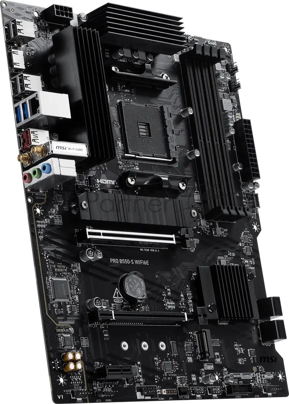 Материнская плата MSI PRO B550-S WIFI6E, AM4, AMD B550, 4xDDR4, 4xSATA, 2xM.2 PCIe, 1xHDMI, 1x 1Gb LAN, 8xUSB (4xUSB 2.0, 2xUSB 3.2 Gen1, 1xUSB 3.2 Gen2 Type-A, 1xUSB 3.2 Gen2 Type-C), 3x3.5 мм, 7.1, ATX