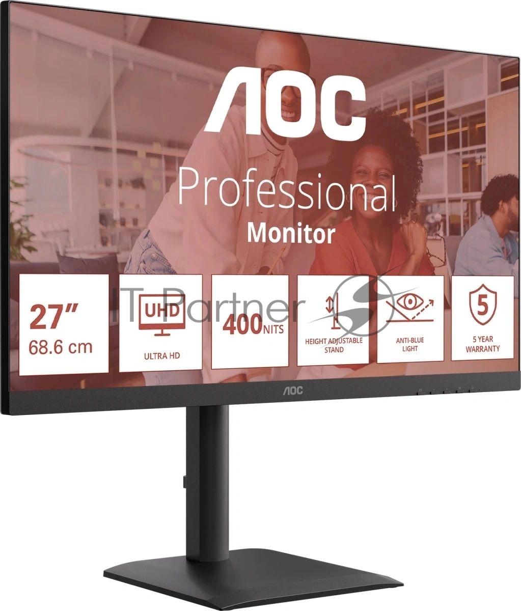 Монитор 27" AOC U27E4CV IPS 3840x2160, 60 Гц, 4 мс, 16:9, 400 кд/м², 2xHDMI 2.0, DP 1.4, DP Out, USB-C (90 Вт), USB Hub (4x USB 3.2), RJ45, 3.5 Jack, динамики (2x2 Вт), HDR Ready, Adaptive-Sync, VESA 100x100, черный