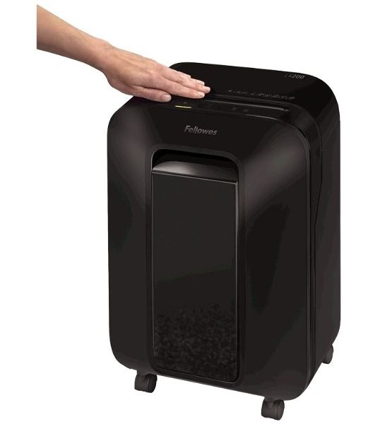 Шредер Fellowes PowerShred LX200 черный (секр.P-4)/перекрестный/12лист./22лтр./скрепки/скобы/пл.карты