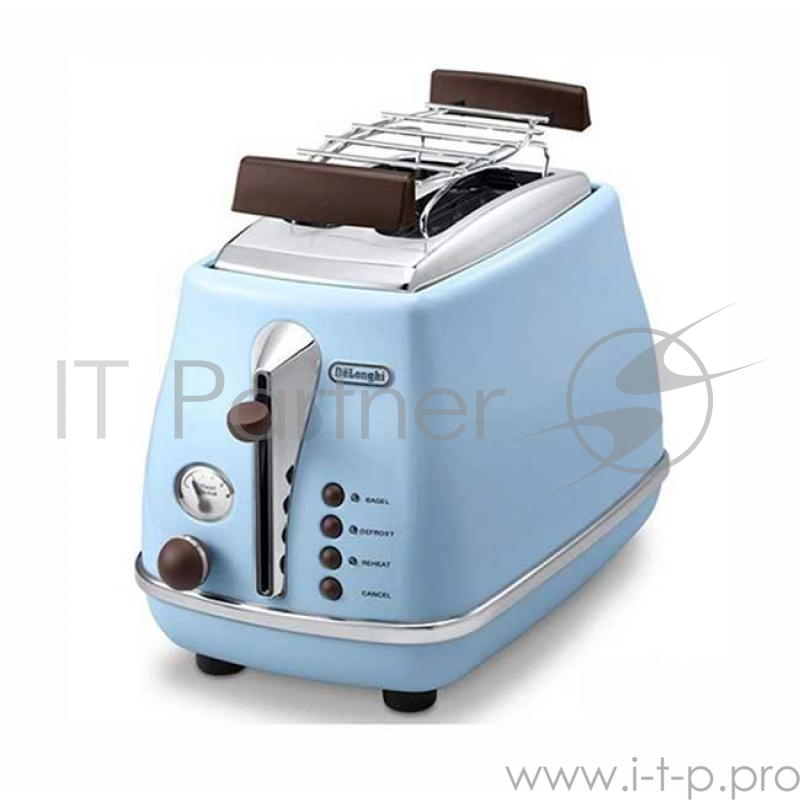 Тостер DeLonghi CTOV 2103.AZ, 900 Вт, на 2 тоста, разморозка, обжаривание, решетка для подогрева, поддон, голубой