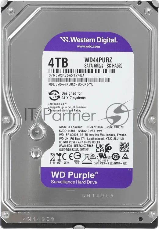 Жесткий диск Western Digital 4TB 5400 Purple Pro Surveillance, Cache 128MB