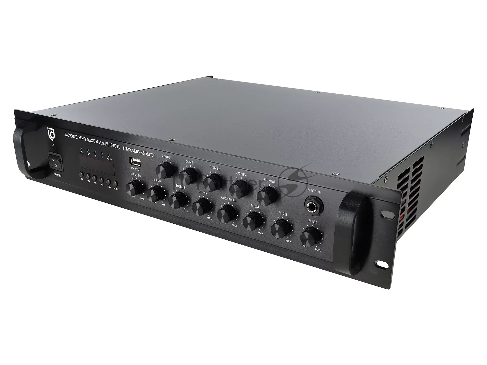Микшер-усилитель Intrend ITMXAMP-350MTZ зональный, 5 зон. MP3, FM-тюнер, USB, Bluetooth, 3хMic/2хLine входы, 1хLine выход, 350 Вт, 4-16 Ом/100V, IR-пульт в комплекте