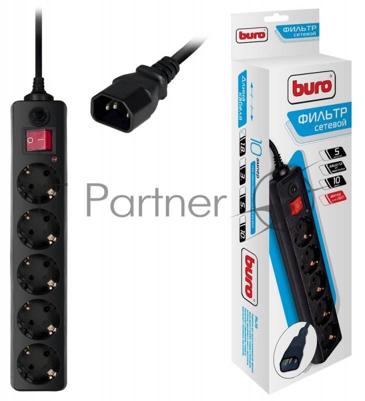 Сетевой фильтр Buro 500SH-1.8-UPS-B 1.8 м, 5 розеток, черный, коробка